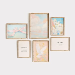 Aesthetic Christian coquette gallery Wall Art, Trendy Preppy Pink Blue Coquette Ribbon Bow Religious Bible Verse Girly Dorm decor, APT decor