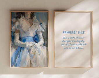 Blue Christian Printable Wall Art, She is clothed with, Trendy Preppy Blue Coquette Bow Gift Religious Christian Bible Verse Wall Decor