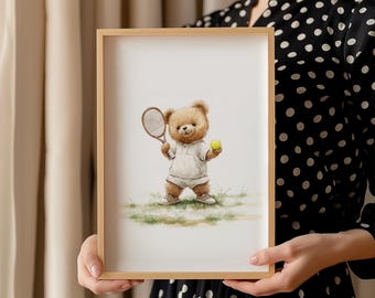 Vintage Tennis Teddybär Druck: Wunderliche Kinderzimmer Dekoration (Digitaler Download)