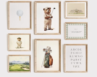 Vintage Teddy Bear Golf Nursery Art Prints (Digital Download)