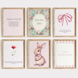 Pink Vintage Bunny Bible Verse Wall Art, Christian Cottage core Nursery Decor, Coquette Christian girls room decor, Digital download