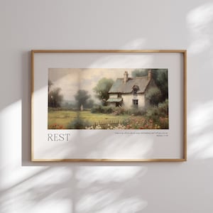 Pode incluir: Uma impressão emoldurada com uma pintura de uma pequena casa branca em um campo verde. O texto "REST" está na parte inferior da impressão, junto com a citação "Vinde a mim, todos vós que estais cansados e sobrecarregados, e eu vos darei descanso. Mateus 11:28"