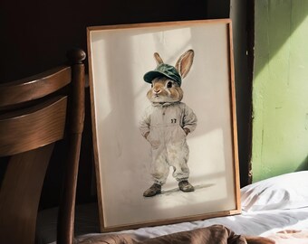 Vintage Bunny Golf Caddie Print: Whimsical Nursery Art (Digital Download)
