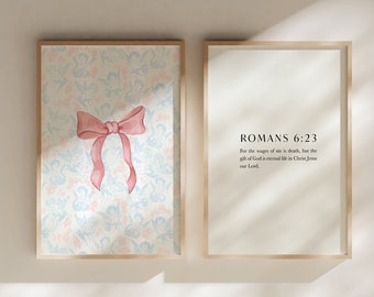 Romanos 6:23 Arte de parede cristã para impressão, laço de fita rosa elegante e moderno, presente de Deus, decoração de parede com versículo bíblico cristão religioso