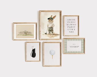 Vintage Golf Bunny Nursery Art: Green Sports Playroom Decor (Digital Download)