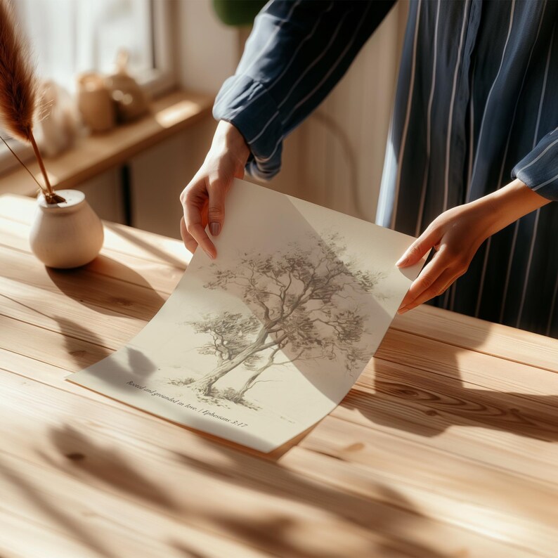 Puede incluir: Una persona sostiene un dibujo de dos &aacute;rboles sobre un fondo beige. El dibujo est&aacute; titulado "Conoce y comprende el amor de Cristo, que sobrepasa todo conocimiento." Efesios 3:19.