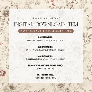 Pode incluir: Um gr&aacute;fico de download digital com texto que diz "Este &eacute; um item de download digital instant&acirc;neo. Nenhum item f&iacute;sico ser&aacute; enviado." O gr&aacute;fico lista diferentes propor&ccedil;&otilde;es e os tamanhos de impress&atilde;o correspondentes em polegadas. As propor&ccedil;&otilde;es listadas s&atilde;o 2:3, 3:4, 4:5 e 11:14. O gr&aacute;fico tamb&eacute;m lista os tamanhos de papel ISO internacionais: 5"x7", A5, A4 e A3.