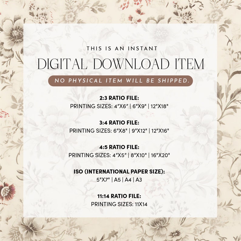 Pode incluir: Um gr&aacute;fico de download digital com texto que diz "Este &eacute; um item de download digital instant&acirc;neo. Nenhum item f&iacute;sico ser&aacute; enviado." O gr&aacute;fico lista diferentes propor&ccedil;&otilde;es e os tamanhos de impress&atilde;o correspondentes em polegadas. As propor&ccedil;&otilde;es listadas s&atilde;o 2:3, 3:4, 4:5 e 11:14. O gr&aacute;fico tamb&eacute;m lista os tamanhos de papel ISO internacionais: 5"x7", A5, A4 e A3.