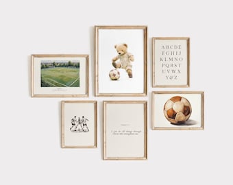 Aesthetic vintage boys nursery soccer teddy bear Bible verse Gallery Wall of 6, Sports Playroom wall art, baby shower gift, kids room decor
