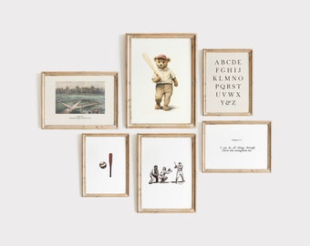 Vintage Boys Nursery Bible verse Gallery Wall of 6 Bundle, Sports Playroom wall art, baby shower gift, Baseball kids room decor, teddy bear
