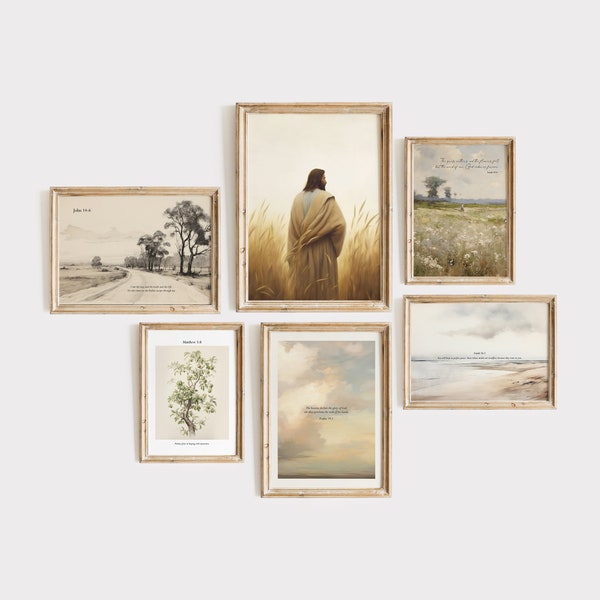Vintage Jesus & Landscape Scripture Prints: Christian Gallery Set (Digital Download)