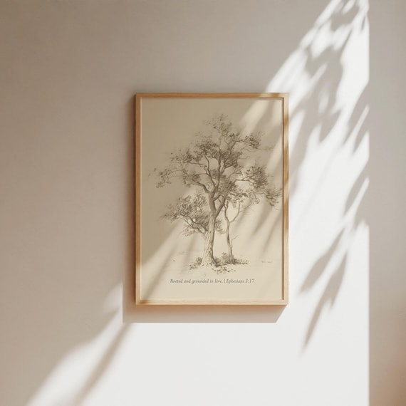 Vintage aesthetic tree Ephesians 3:17 bible verse, Christian Vintage Sketch, Modern Christian Faith Gift, religious Wall Art wall decor