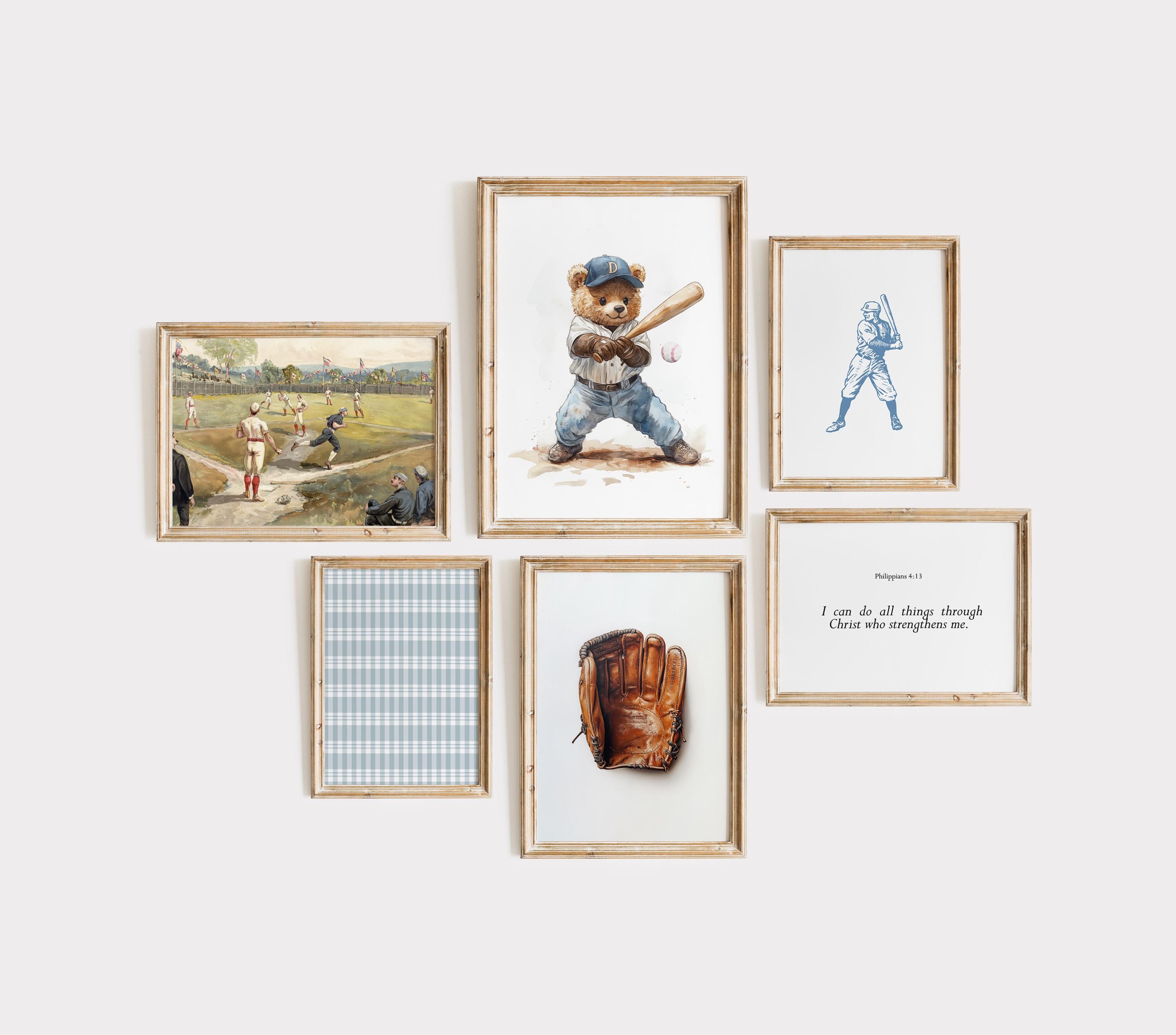 Vintage Blue Sports Boys Nursery Bible verse Gallery Wall Art, Teddy bear Baseball Playroom wall art, baby shower gift, Baseball kids decor