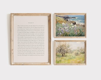 Psalm 91 gallery wall art, Vintage wildflower field painting bible verse wall decor, Housewarming gift, aesthetic vintage landscape  art