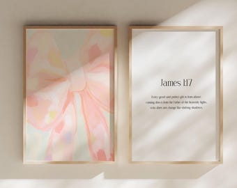 Aesthetic Christian bible verse set of 2, James 1:17 Trendy Preppy Pink Bow Coquette Ribbon Gift, Religious wall decor,