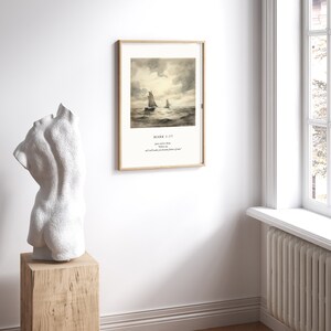 May include: A framed print with a watercolor painting of two sailboats on the water. The print has a white background with the text "MARK 1:17" and a quote from the Bible.