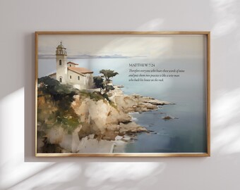 Built His house on the Rock, Matthew7:24 Vintage Christian wall art, Modern Christian Home Decor, scripture wall art, Faith Gift for her