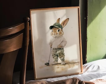 Vintage Golf Bunny Print: Whimsical Nursery Art (Digital Download)