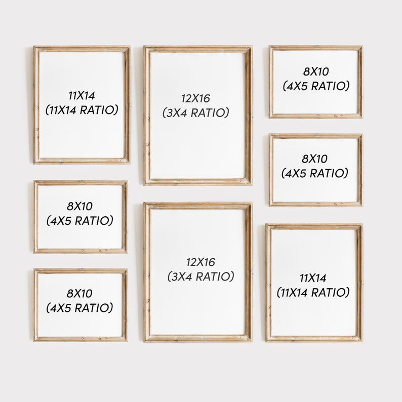 Pode incluir: Nove impress&otilde;es de arte emolduradas em v&aacute;rios tamanhos, incluindo 20x25 cm, 28x35 cm e 30x40 cm, com texto indicando as propor&ccedil;&otilde;es. As molduras s&atilde;o de cor castanho claro e as impress&otilde;es t&ecirc;m fundos brancos.