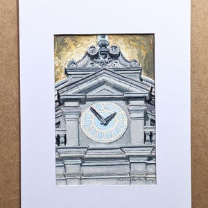 Gouache van het historische stadhuis in het centrum van Savannah (Georgia); gematteerd om in een lijst van 5 x 7 inch te passen.