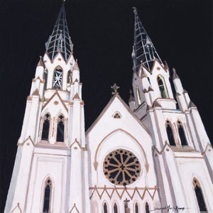 Original Art Print of painting &quot;Savannah&#39;s Steeples&quot;, Night View of St John&#39;s Basilica in Savannah, GA