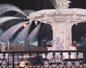 Original Art Print "Glisten", of Painting of Fountain at Forsyth Park, Savannah Georgia