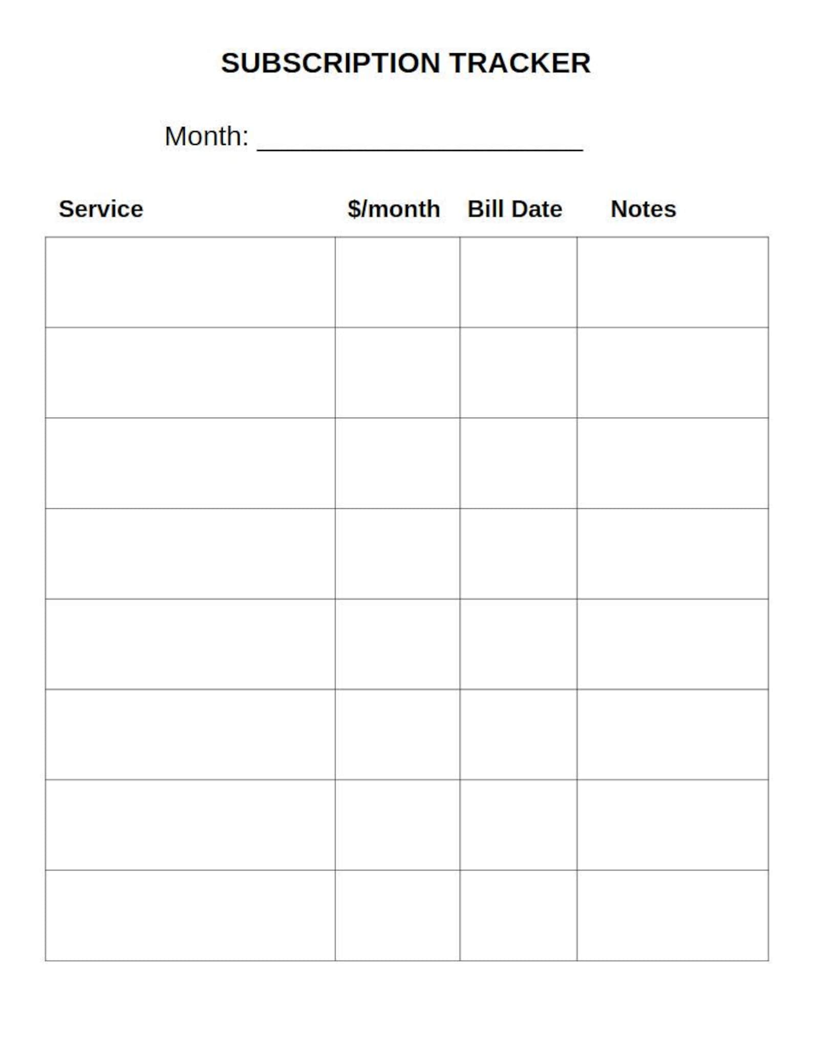 Large Print Subscription Tracker Printable PDF | Monthly Subscription ...