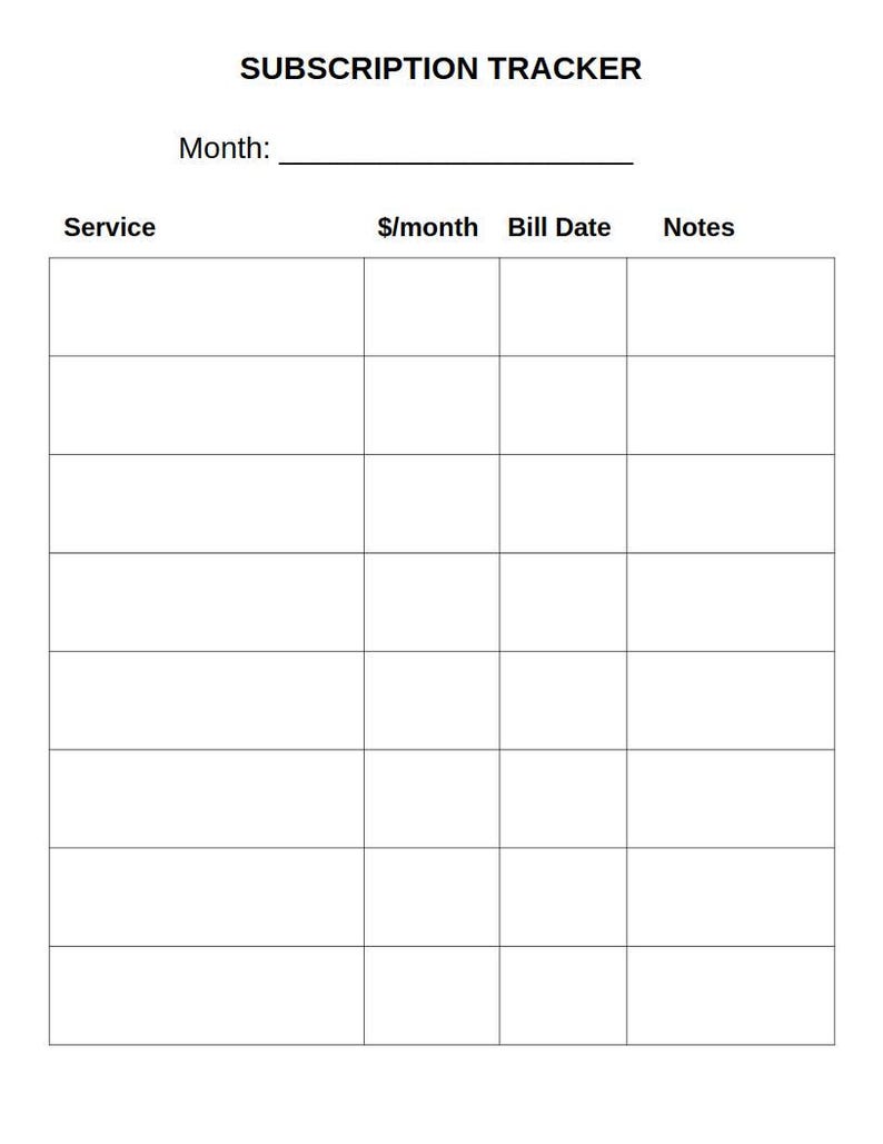 Sample Notes For Subscription Box Large Print Subscription Tracker Printable PDF | Monthly Subscription ...