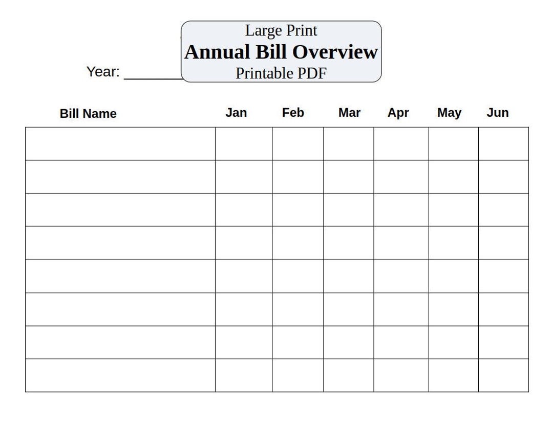 Large Print Annual Bill Overview Printable PDF | Easy Read Yearly Bill ...