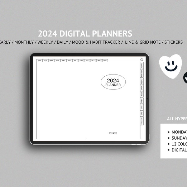 WHITE ver. 2024 DIGITAL PLANNER (+hyperlinks) Yearly / Weekly / Daily / Mood & Habit trackers / Notes