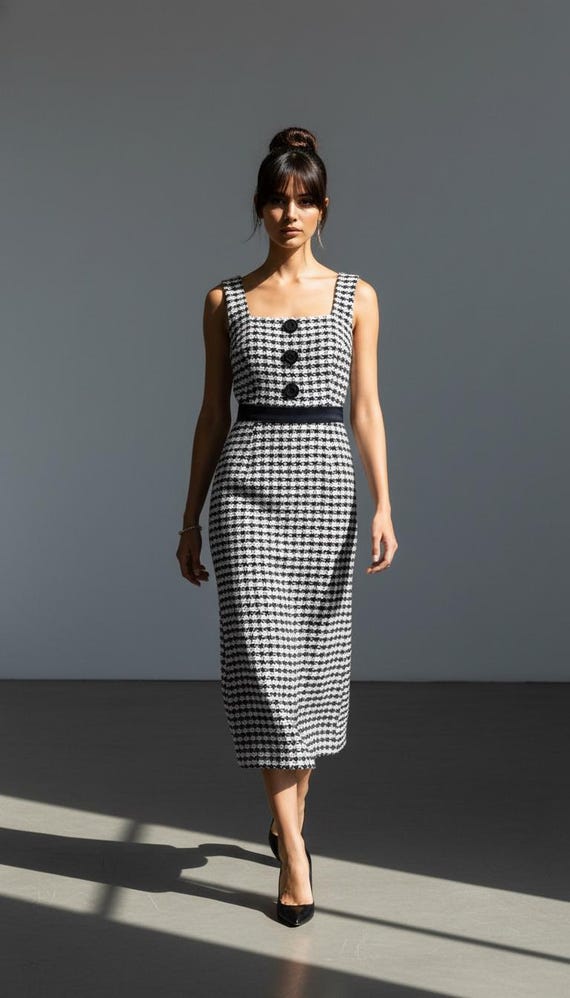 Houndstooth Dress * Sleeveless Houndstooth Midi * Black Elastic Belted *