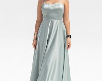 slim fit dress slacks Dusty Sage Mermaid Prom Dress With Slit Spaghetti-Straps – TANYA BRIDAL main image 0