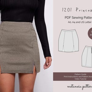 May include: A PDF sewing pattern for a mini skirt with side slits. The pattern is available in sizes XS-3X and includes instructions for printing, assembly, and a video tutorial. The pattern is called "1201 Princess".