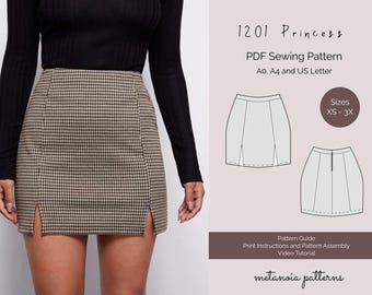 1201 Princess, Split Hem Skirt Pattern, Princess Line Skirt Pattern, Mini Skirt Sewing Pattern, Digital PDF Sewing Pattern, Sizes XS - 3X
