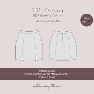 May include: A 1201 Princess PDF sewing pattern for a skirt in sizes XS-3X, featuring front and back technical drawings. The design includes a skirt with front slits and a back zipper closure, compatible with A0, A4, and US Letter paper formats.