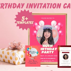 HappyBirthdayInvitation,PinkAndWhiteDesign,CheerfulCelebration, WhimsicalDetails,PersonalizedInformation,BirthdayJoy,CelebrationInvitation,.