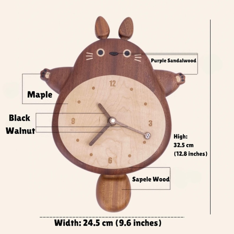 May include: A wooden wall clock shaped like a cartoon character with a pendulum. The clock face is made of maple wood and the body is made of black walnut, purple sandalwood, and sapele wood. The clock measures 12.8 inches high and 9.6 inches wide.