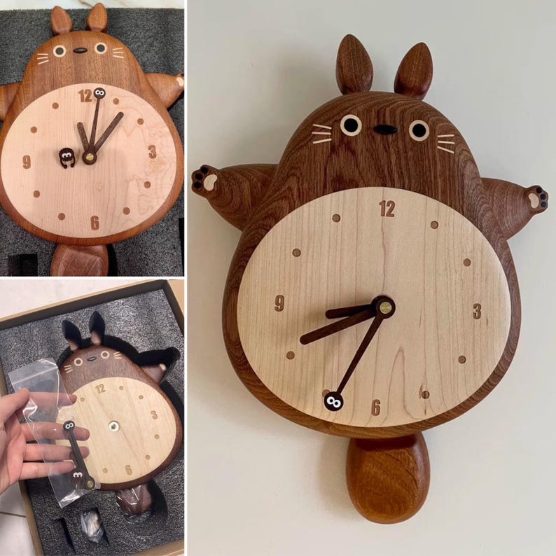 May include: A wooden wall clock shaped like a cartoon character with large ears and a round face. The clock face has a light wood background with black numbers and hands. The clock is brown and has a pendulum.
