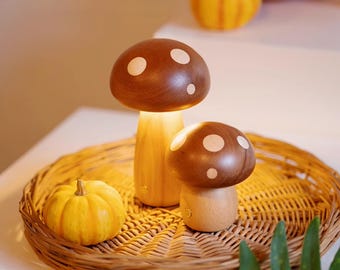 Handmade Wooden Mushroom Lamp: Rechargeable LED Night Light baby gift
