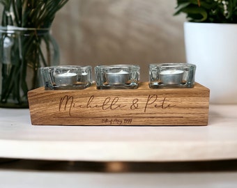 Personalised Engraved Triple Tea Light Holder Oak | Candle Holder | Tealight |Gifts For Her | Couples Gift | Anniversary