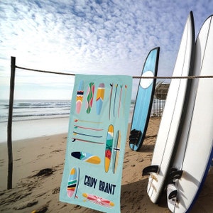 Custom Surfer Beach Towel, Personalized Gift For Surfers, Surfboard Collection, Longboard Surfing, Ocean Themed Gifts