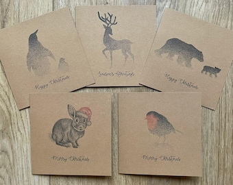 Pack of 5 Kraft Animal Christmas cards