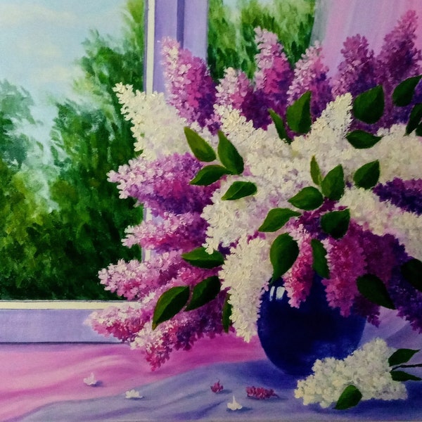 Bouquet de Lilas Blancs et Violets dans un vase bleu, tableau huile sur toile 100% peint à la main, 55cm x 46cm, décoration murale, cadeau