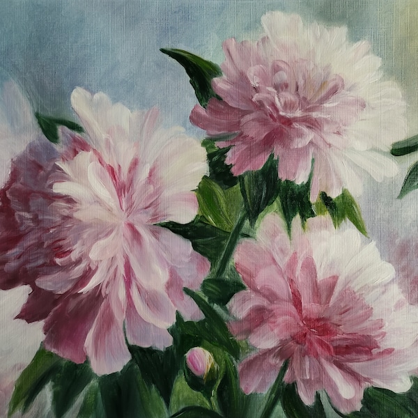 Bouquet of Eternal Love, Pink Peonies, Oil Painting, Handmade, on Linen Textured Paper, Wall Decoration, 55cm x 46cm, Gift