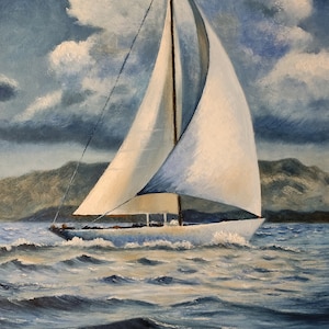 Paisaje marino, velero al viento, óleo sobre lienzo, hecho a mano, impresionismo, obra original, 33 cm x 41 cm, ideal para regalar.