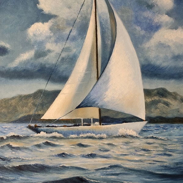 paysage marin, Voilier sous le vent, peinture à l'huile, fait à la main, impressionnisme, Décoration murale, 33 cm x 41 cm, cadeau