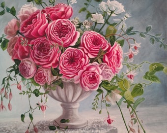 peinture à l'huile sur toile, Harmonie Florale Bouquet de Roses et Tasse Oubliée, roses blanches et roses, fait à la main, décoration murale