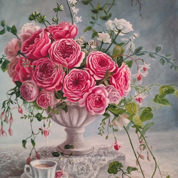 Harmonie Florale: Bouquet de Roses et Tasse Oubliée, roses blanches et rouges, peinture à l'huile, originale, décoration murale 55cm x 46cm