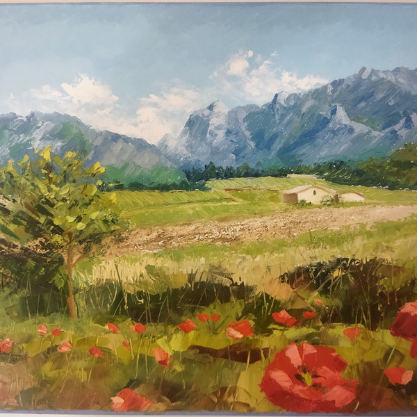 Vue du massif du Caroux, dans l'Hérault (France), peinture au couteau, huile sur toile faite 100%  à la main et sur le site, 50 cm x 40 cm.
