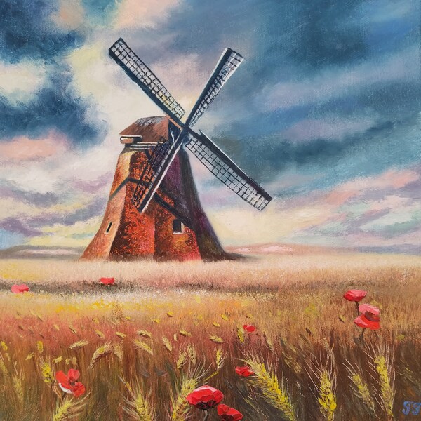 Peinture à l'huile, paysage de Pays-Bas, "Moulin à vent parmi les Coquelicots", huile sur toile, fait 100%  à la main, décoration murale